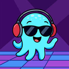 Cool cartoon octopus DJ in sunglasses and headphones dancing on a disco floor. Funky character for a music party poster, t-shirt print, or club mascot. Retro 80s vector illustration.