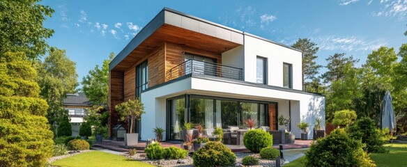 The modern house with a beautifully landscaped garden and outdoor seating area.