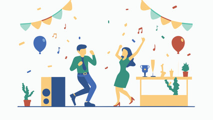 Illustration of a celebratory scene with dancing people, balloons, and confetti falling down all around