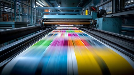 High-Speed Commercial Printing Press in Action, Producing Vibrant Color Prints
