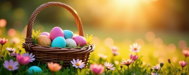 Golden hour light bathes a brimming basket of decorated eggs amidst a blooming wildflower meadow , spring flowers, texture