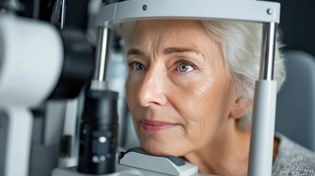 Close-Up of Woman Undergoing Eye Examination at Ophthalmologist Office, Focusing on Eye Health and Vision Care Procedures for Senior Citizens