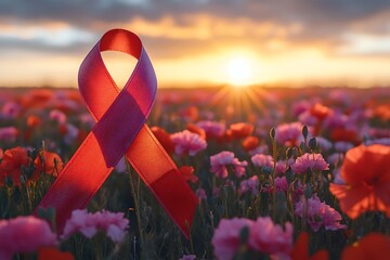 Red ribbon in poppy field against sunset sky symbolizing awareness and support poppies