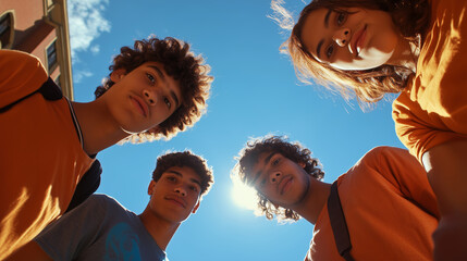 Group of four teenagers in bright orange shirts enjoying a sunny day outdoors in a neighborhood setting
