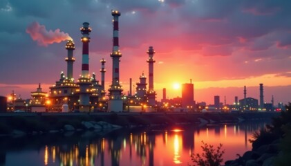 Soft-focus industrial scene, refinery lights at sunset, processing, sunset, twilight