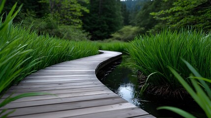 Tranquil forest pathway with wooden boardwalk and flowing stream