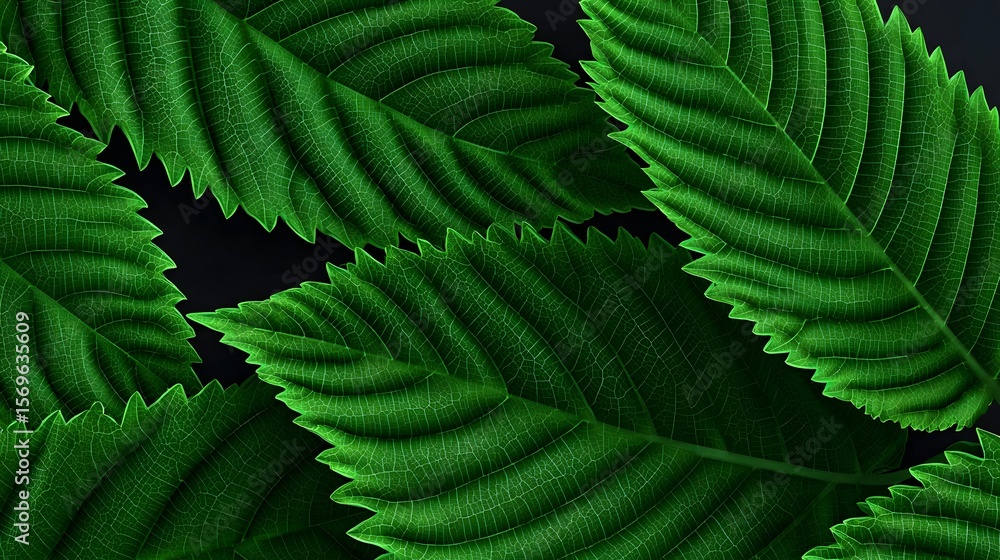 Poster vibrant green leaves with intricate patterns and textures.