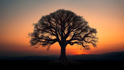 A surreal digital artwork depicting a leafless tree with branches and roots resembling electronic circuits, set against a vivid sunset backdrop. Ideal for editorial content, environmental tech article