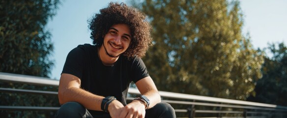 The cheerful young man with curly hair enjoying outdoor leisure time.