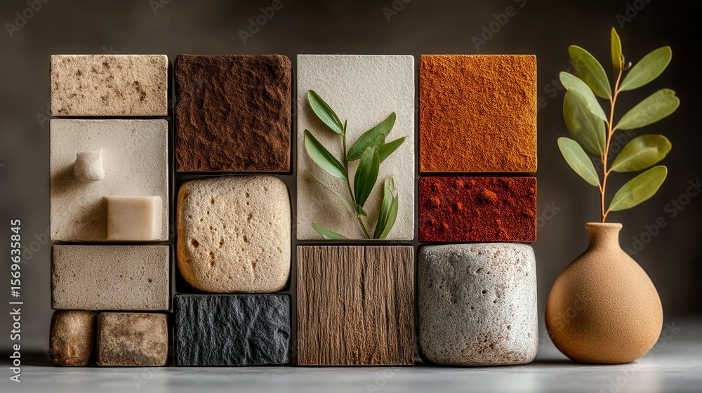 Poster a collection of different colored blocks and a vase with a leaf in it. the blocks are arranged in a 