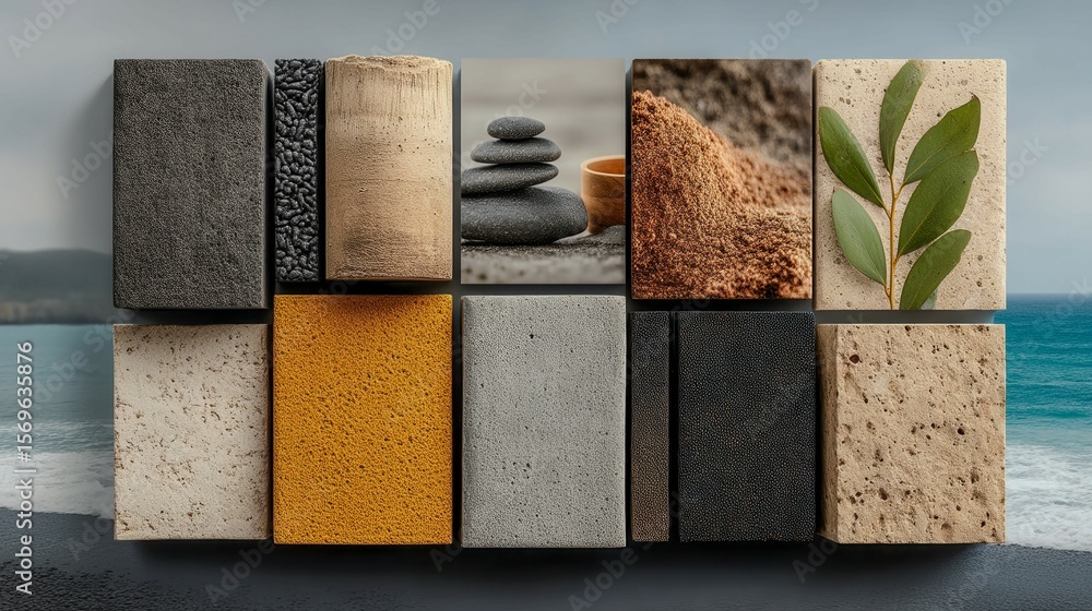 Poster a collection of different colored stones and a leaf. the stones are arranged in a grid pattern, with