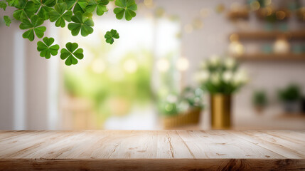 Wooden Table with Blurred International Widows' Day Background with Shamrocks and Cheerful Decor