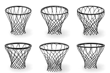Six Black Basketball Nets Silhouettes on White Background Isolated Vector Illustration