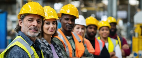 The diverse team of professionals wearing safety helmets in a factory setting.