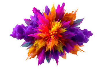 Explosion of vibrant purple pink orange and yellow powder isolated on transparent background