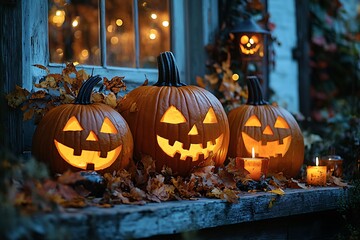 Three glowing carved Halloween pumpkins with lit candles and autumn leaves on wooden surface