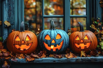 Three carved Halloween pumpkins with glowing faces on a windowsill with autumn leaves