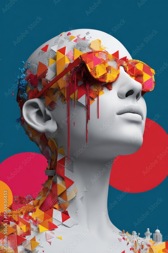 Poster Abstract 3D Digital Art of a Human Head with Geometric Patterns Colorful Glitch Effects and Sunglasses on Blue Background