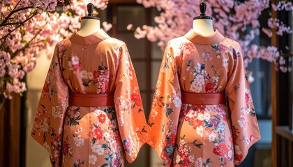 Fototapeta premium Two floral kimonos stand in front of a cherry blossom tree in full bloom.