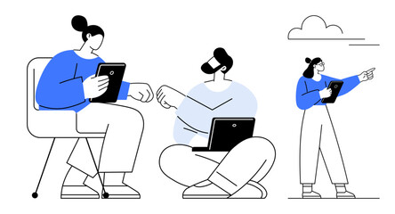 Group discussion involving seated and standing individuals using tablets and laptops. Ideal for teamwork, collaboration, brainstorming, technology, remote work, planning, simple landing page