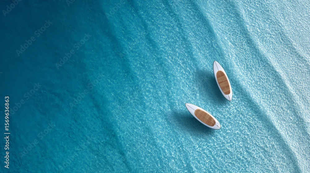 Poster aerial view of two paddle boards floating on crystal clear turquoise water, creating a serene and in