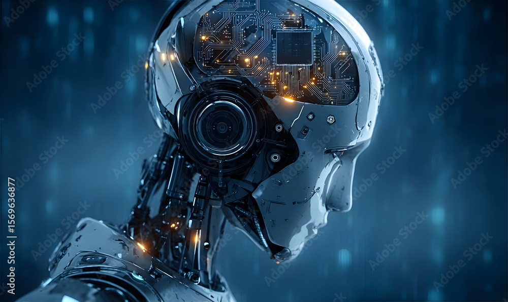Poster a futuristic robot head, showcasing intricate circuits and glowing elements against a digital backdr