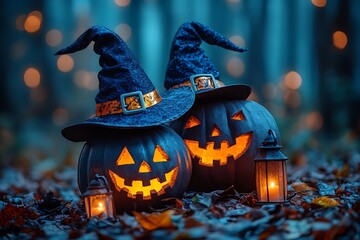 Two carved Halloween pumpkins wearing witch hats with lanterns and autumn leaves in a forest setting