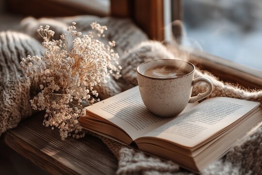 Inviting autumn home scene ideal for promoting relaxation, self-care, and cozy lifestyle with warm beverages and reading