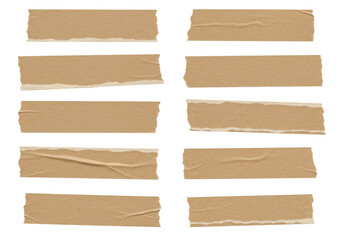 Collection of brown paper masking tape strips, torn and isolated on transparent background, showcasing varied textures