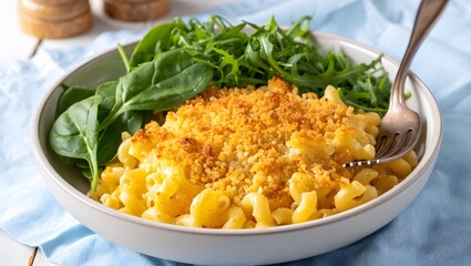 Creamy macaroni and cheese with crispy topping and green salad served in a bowl