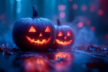 Two Carved Halloween Pumpkins with Glowing Faces on a Wet Wooden Surface in a Dark Setting