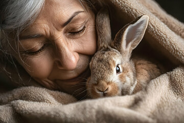 Naklejka premium An elderly woman smiles warmly while cuddling a fluffy rabbit under a cozy blanket, showcasing a tender moment of companionship.