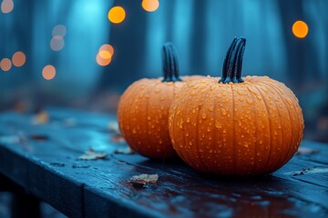 Two orange pumpkins with water droplets on a wooden table with bokeh lights in a forest setting