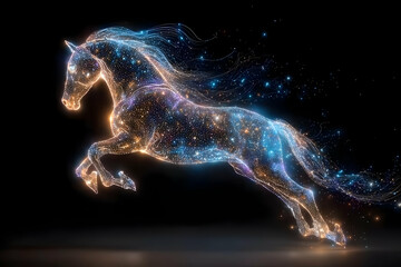 A vibrant, ethereal horse leaps gracefully, surrounded by a shimmering aura of lights and sparkles, symbolizing strength and beauty.