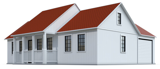 White small cottage with porch, roller garage doors and amber roof. 3d illustration transparent background