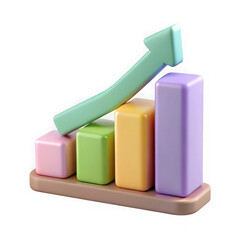 Colorful 3d bar chart with upward trend arrow isolated on transparent background