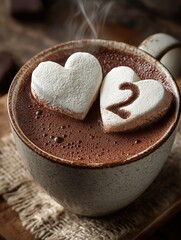 Warm cup of hot chocolate with two heart - shaped marshmallows, one with a number 2, ideal for romantic or anniversary use. 