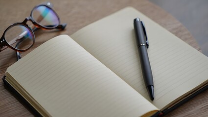 A blank notebook lies open with a pen on its pages and glasses resting nearby, suggesting study,...