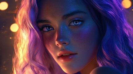 Close-up portrait of a young woman with purple hair, illuminated by warm and cool lights.