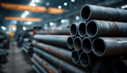 Close-up view of stacked steel pipes in an industrial setting, showcasing their textures and materials under warm lighting.