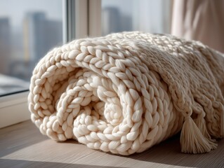 Cozy Chunky - Knit Blanket on Window Sill, Ideal for Home Decor and Warmth - Tassel - Trimmed, Soft Beige