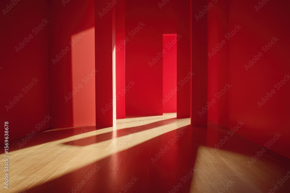 Aufkleber a vibrant red room with geometric pillars and shadows creating a striking visual effect