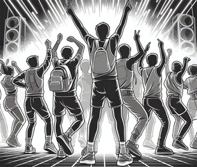 Energetic Group Enjoying Music and Lights at a Dance Party Concert