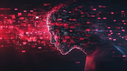 Obraz premium Digital human head profile composed of red and black data blocks.