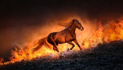 majestic fiery horse with a burning mane and tail gallops through a dark ember filled landscape creating a dramatic and fantastical scene