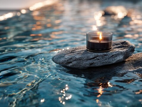 There is a stone on the flowing water and a candle on the stone. Generative AI
 - Powered by Adobe