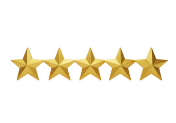 Five golden stars arranged in a horizontal row isolated on transparent background