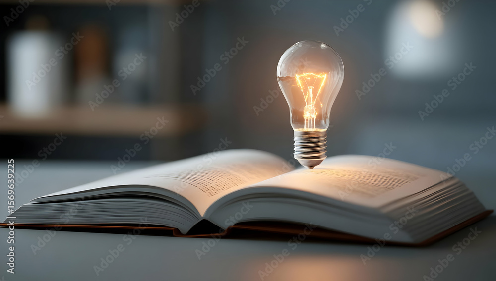 Poster an open book with a glowing light bulb above it, symbolizing creativity and inspiration in learning 