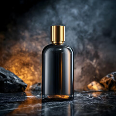 Elegant black bottle of perfume with golden cap, set against a dramatic smoky backdrop, perfect for luxury fragrance promotion.