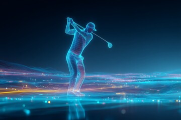 A glowing blue wireframe of a golfer swinging a club over a digital landscape, symbolizing sports technology, virtual reality golf, and the fusion of athletics and cyberspace